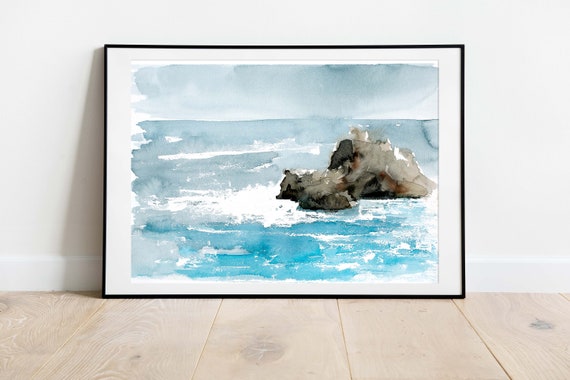 Ocean Watercolor Seascape Art Print, Coastal Wall Decor
