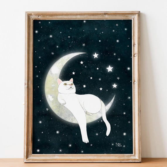 White Cat Poster Celestial Wall Art Animal Portrait Pet Memorial Arts For Pets Mom Gift Bedroom Posters