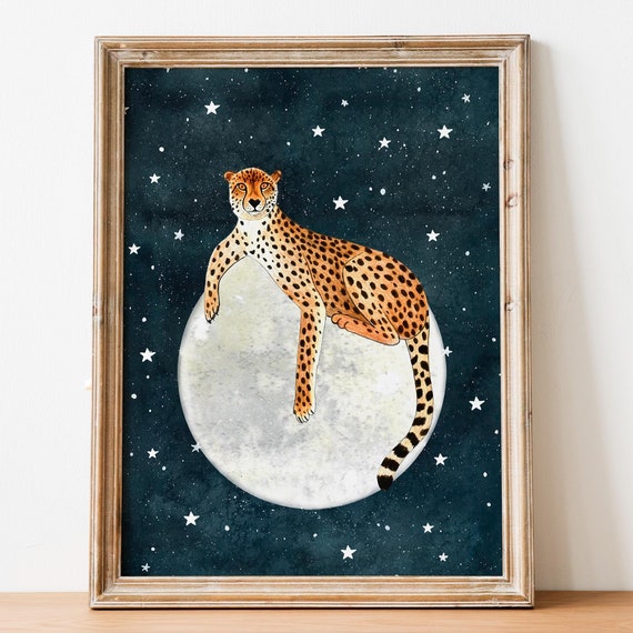 Cheetah Animal Illustration Moon Art Print, Jungle
