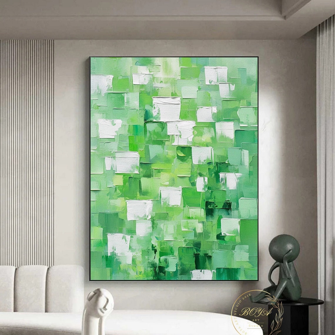 Airy White and Green Mosaic Squares Abstract Art Painting Poster