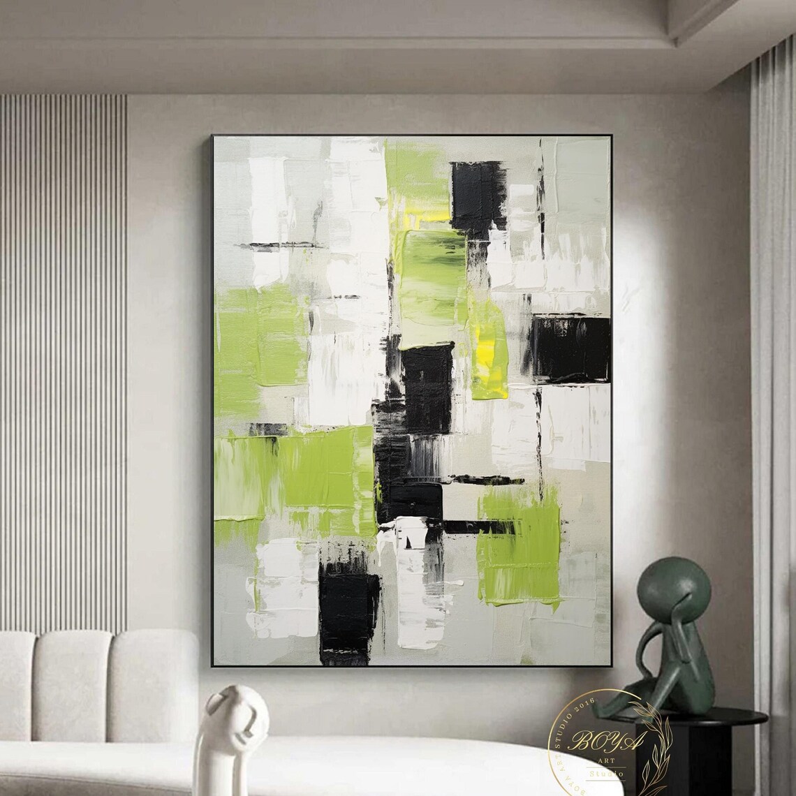 Lime Green Abstract Painting Large Green Minimalism Wall Art Black White Wall Painting Original Green Art Black White Textured Art