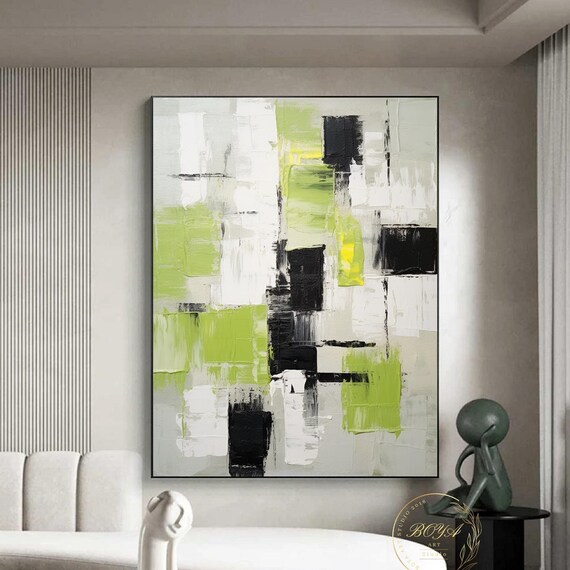 Lime Green Abstract Painting Large Green Minimalism Wall Art Black White Wall Painting Original Green Art Black White Textured Art