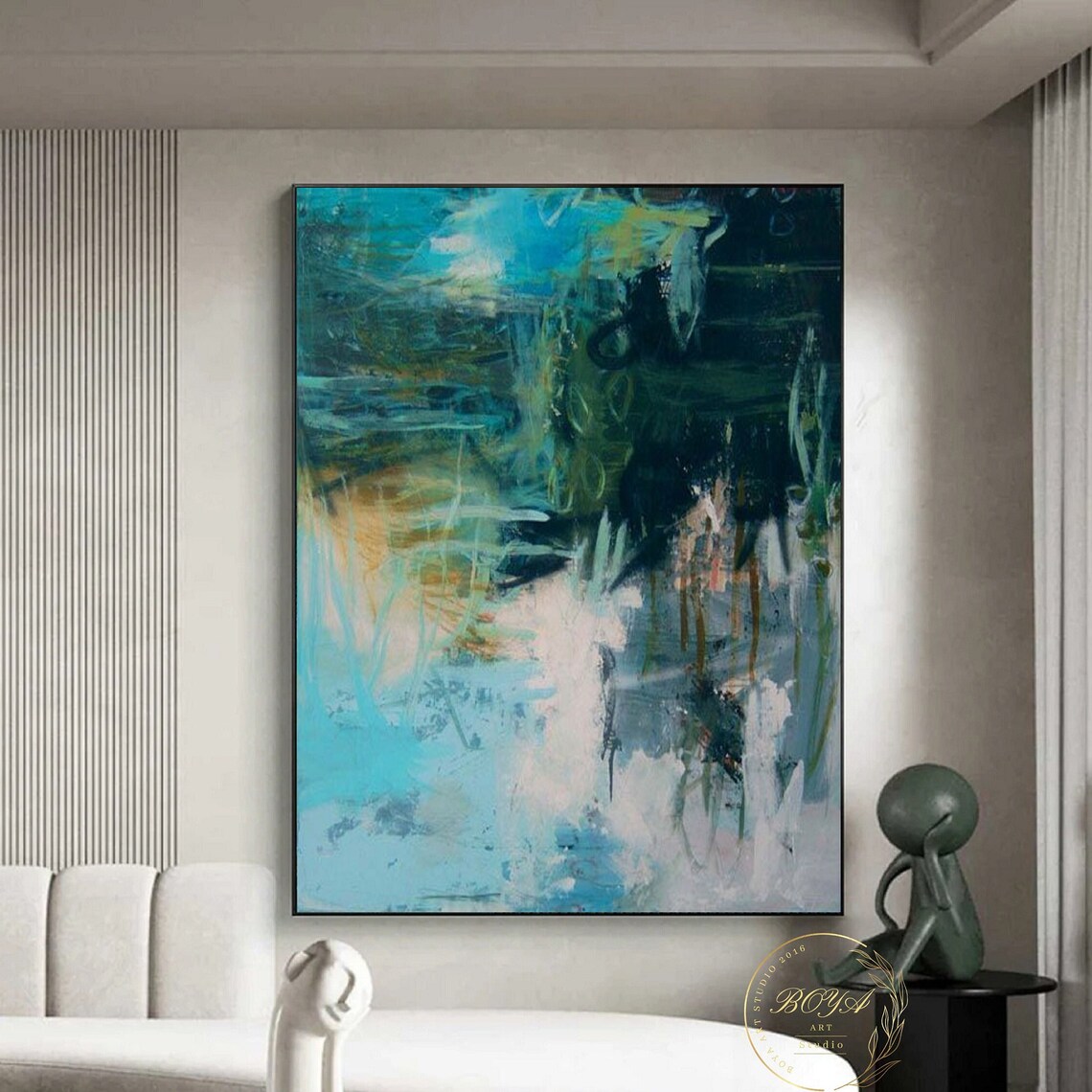 Leaf Abstract Painting, Modern Green Blue Art Print