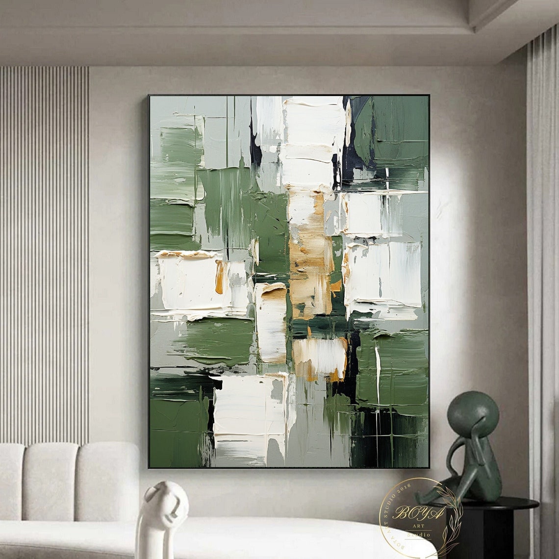 Sage Green White and Gold Block Brushstroke Abstract Canvas Poster