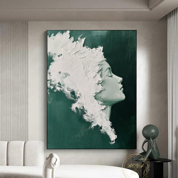 Woman Profile Sculpted in White Impasto on Emerald Green Poster