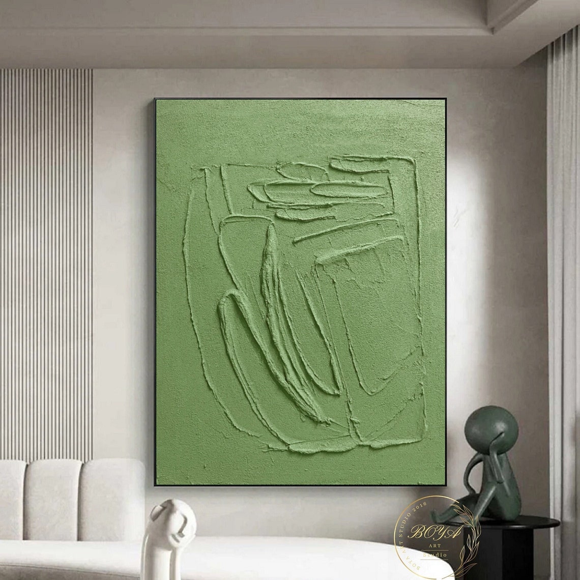 Handcrafted Sage Green Plaster Relief Line Art Minimalist Poster