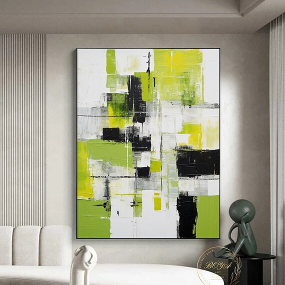 Original Green Abstract Art Lime Green Wall Painting Black Textured Art Large Green Wall Art White Painting Modern Minimalism Art