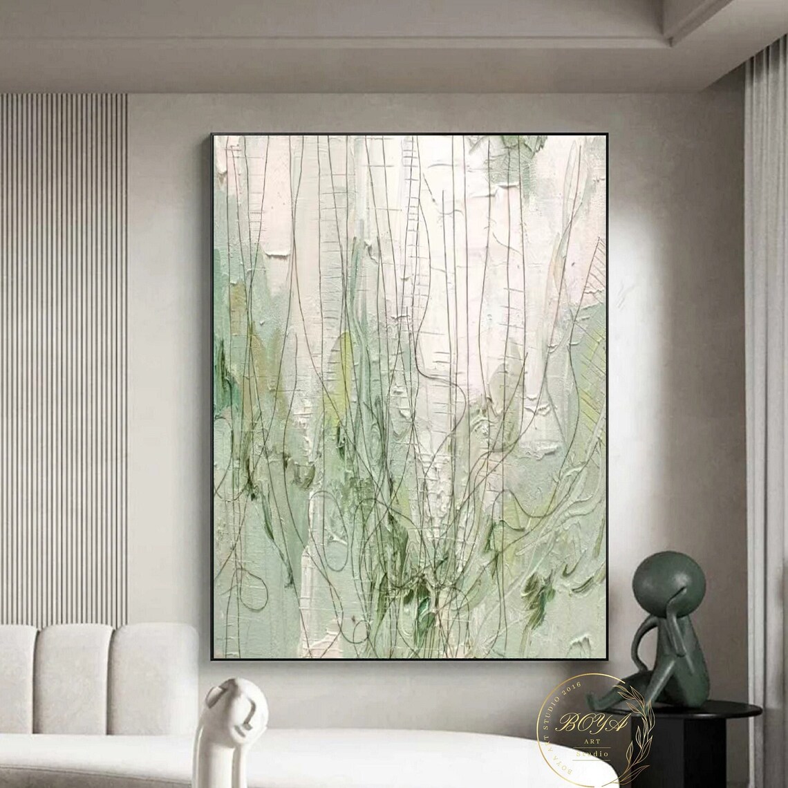 Cream and Green Hanging Vine Line Abstract Art Painting Poster
