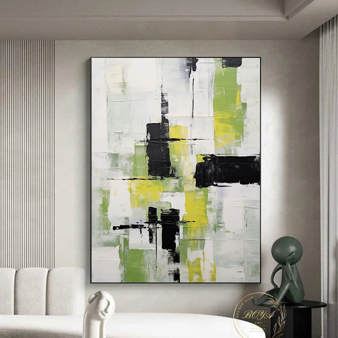 Lime Green Minimalism Black White Abstract Art Print