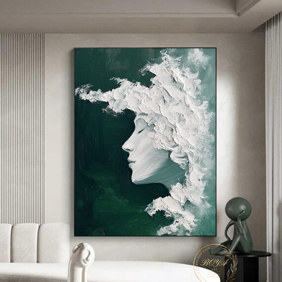 Green White Abstract Painting Large Face Wall Art Green Minimalism Painting Original Figure Wall Art White 3d Textured Art Portrait Painting