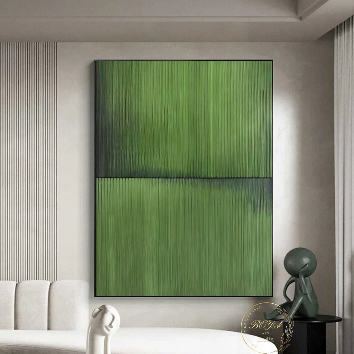 Large Green Textured Abstract Art Print, Minimalist