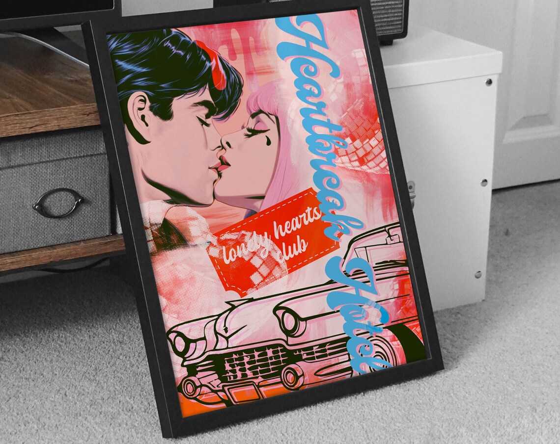 Heartbreak Hotel Lonely Hearts Club Retro Kiss Classic Car Art Poster