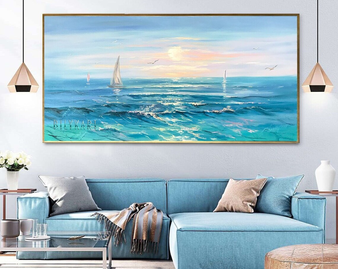 Ocean Oil Painting, Blue Seascape Wall Art Print