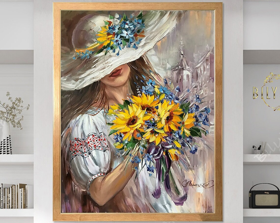 Ukrainian Woman Sunflowers Embroidery Hat Oil Painting Folk Art Poster - Image 3