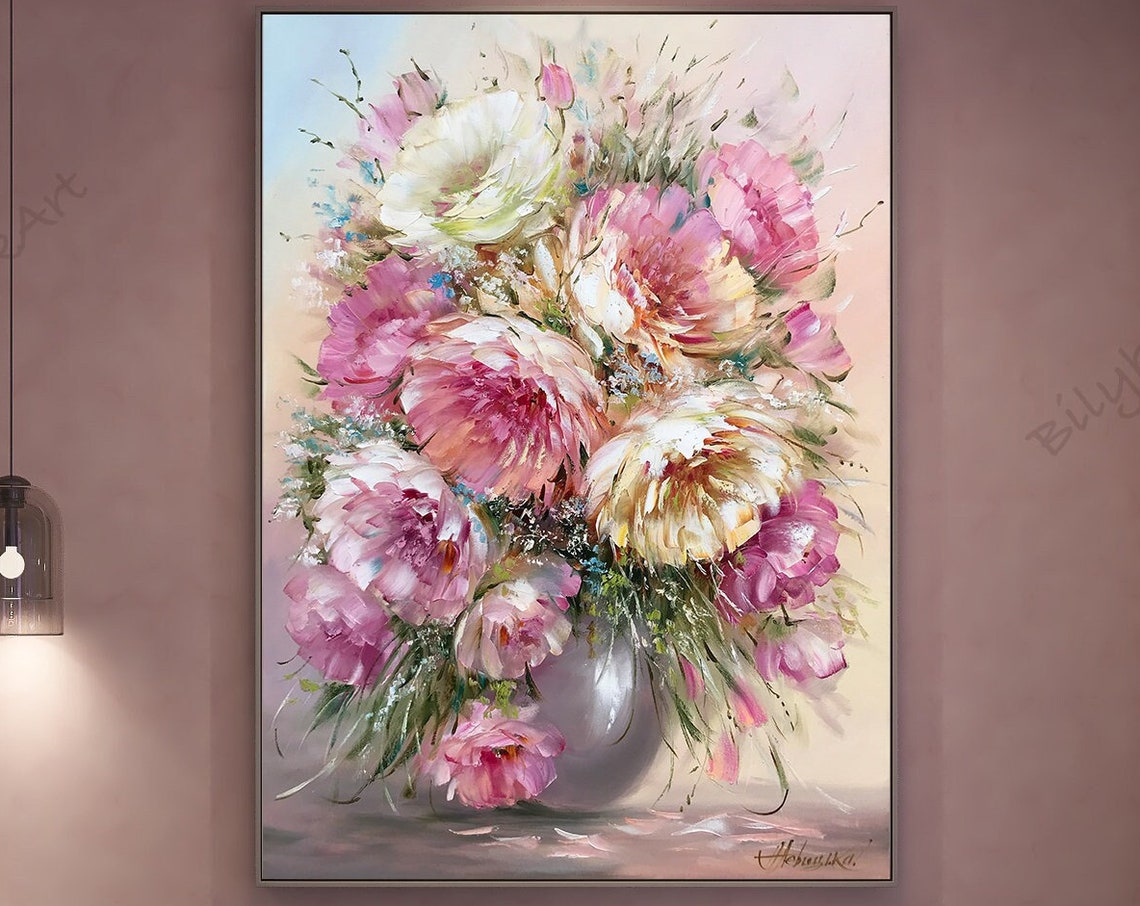 Peonies Oil Painting Original Floral Still Life Painting Mauve Peony On Painting Bouquet Of Flowers In Vase Painting Flower Art Gift - Image 2
