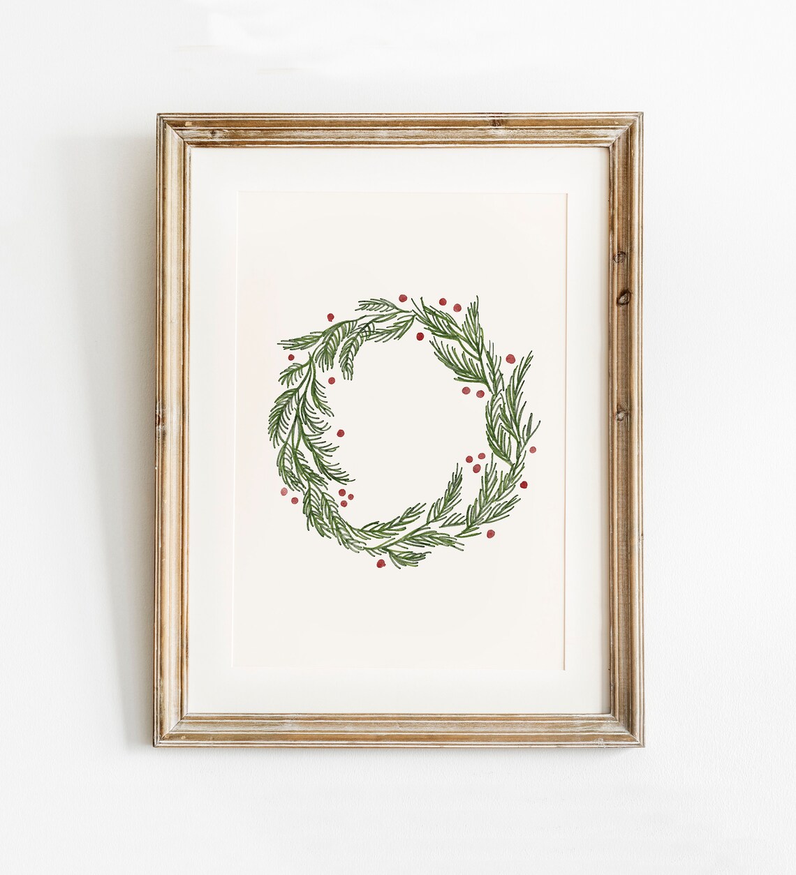 Christmas Wreath Watercolor Art Print, Winter Botanical