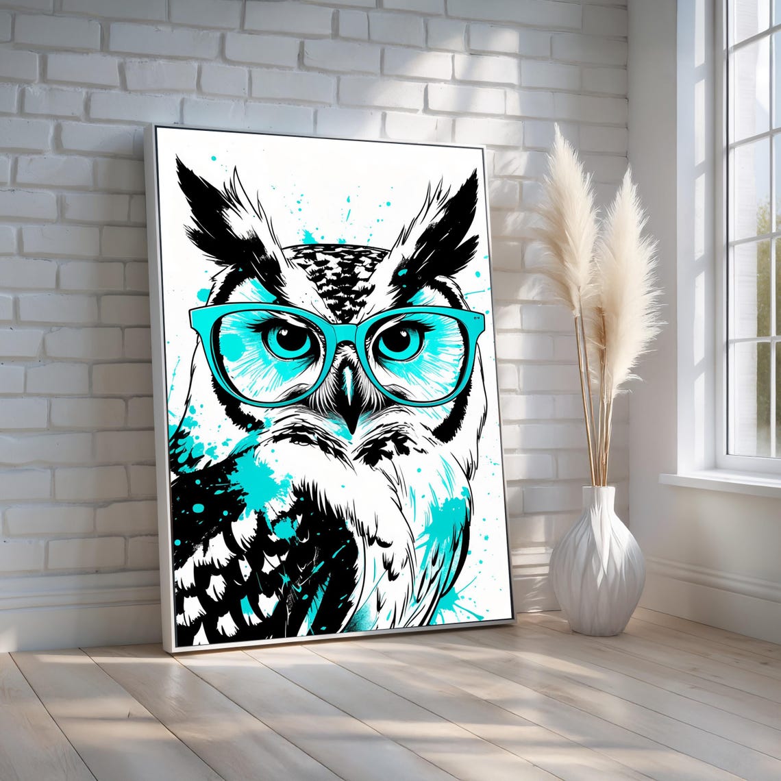 Hipster Owl Turquoise Glasses Pop Art Bold Modern Quirky Wall Art