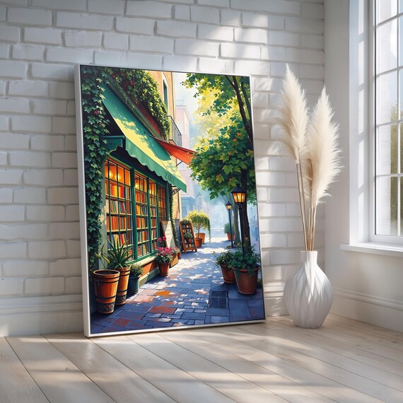 Charming European Bookstore Street Corner with Ivy Sunlight Poster