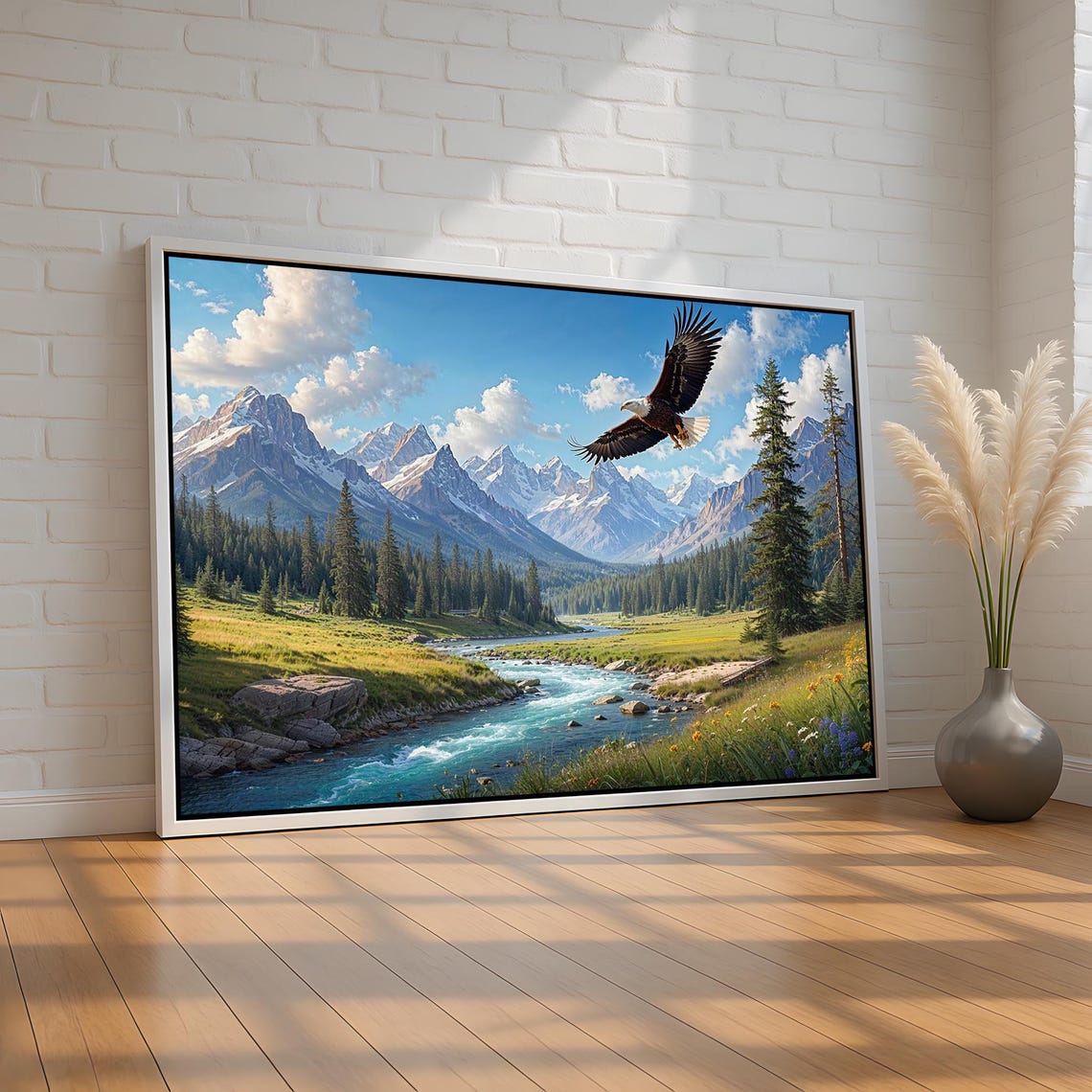 Bald Eagle Soaring Over Mountain River Valley Wildlife Poster