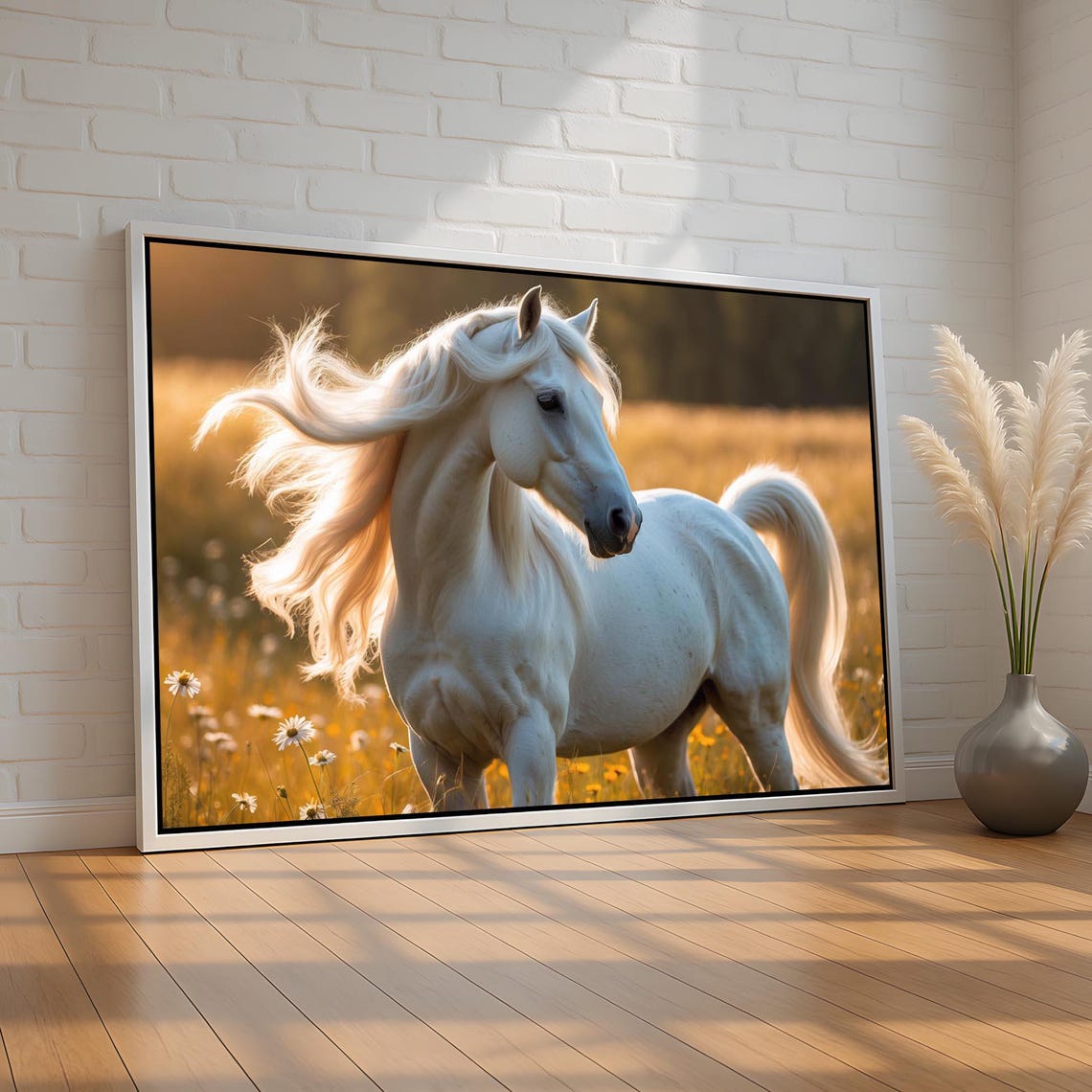 Beautiful White Horse in Golden Meadow Sunset Landscape Art Print
