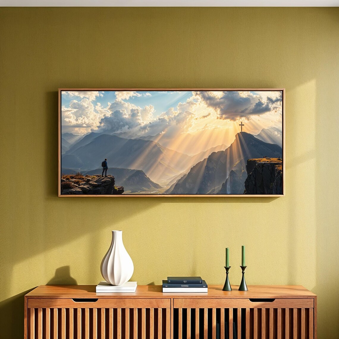 Christian Mountain Sunrise Cross On Peak Panoramic Faith Landscape Art Poster