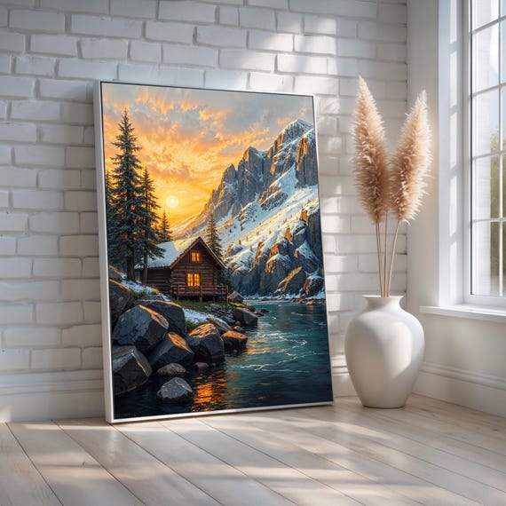 Cozy Winter Cabin Wall Art Snowy Log By River With Golden Sunset Mountain Landscape Canvas Print Ready To Hang