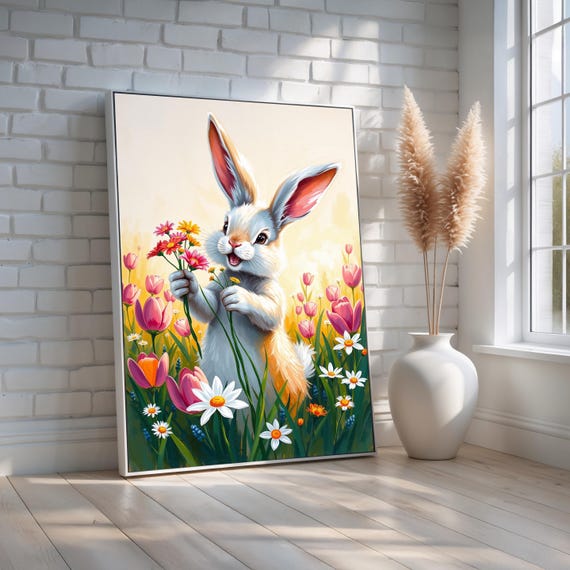 Cute Bunny Wall Art Spring Rabbit Canvas With Flowers Easter Nursery Animal Decor Adorable Baby Room Ready To Hang
