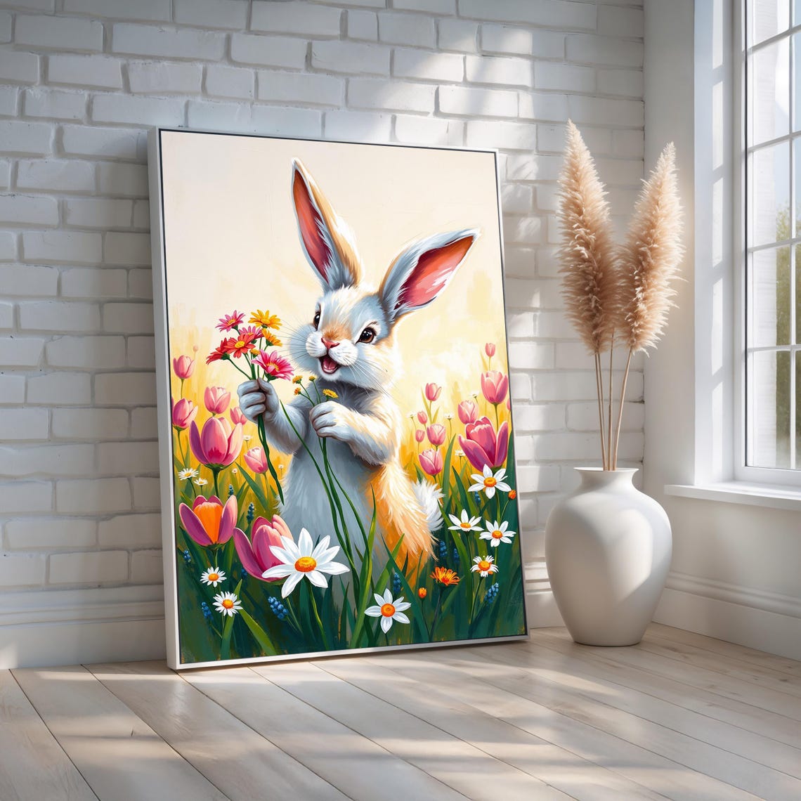 Cute Bunny Holding Flowers Spring Garden Rabbit Nursery Wall Art