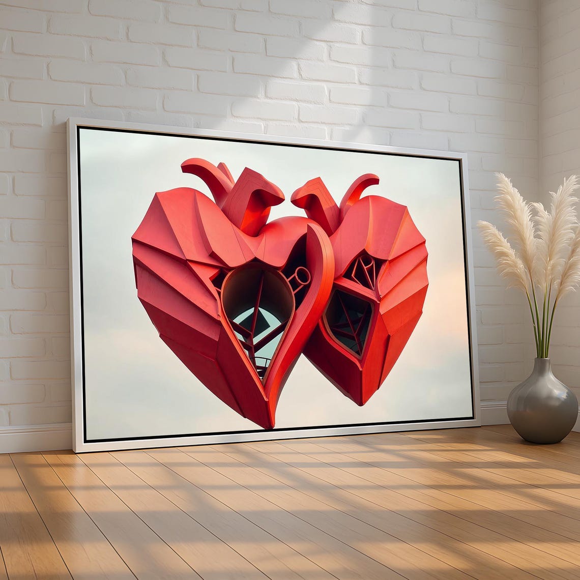 Red Geometric Heart Sculpture Futuristic Polygonal Love Wall Art
