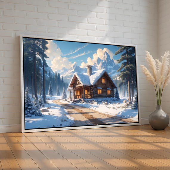 Winter Cabin Wall Art Snowy Mountain Landscape Canvas Poster Rustic Lodge Home Decor With Cozy In Forest Nature Artwork