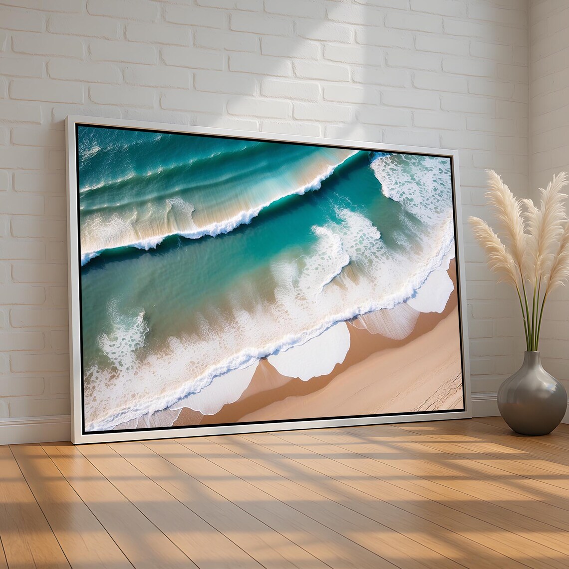 Aerial Ocean Waves Rolling Onto Sandy Beach Turquoise Coastal Print