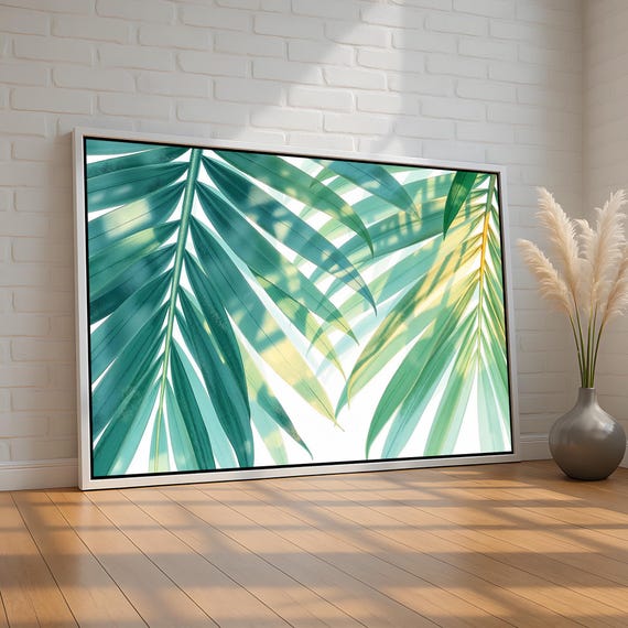 Light Tropical Palm Leaf Wall Art Minimalist Green Botanical Canvas Fresh Beachy Nature Decor For Home Or Office Ready To Hang