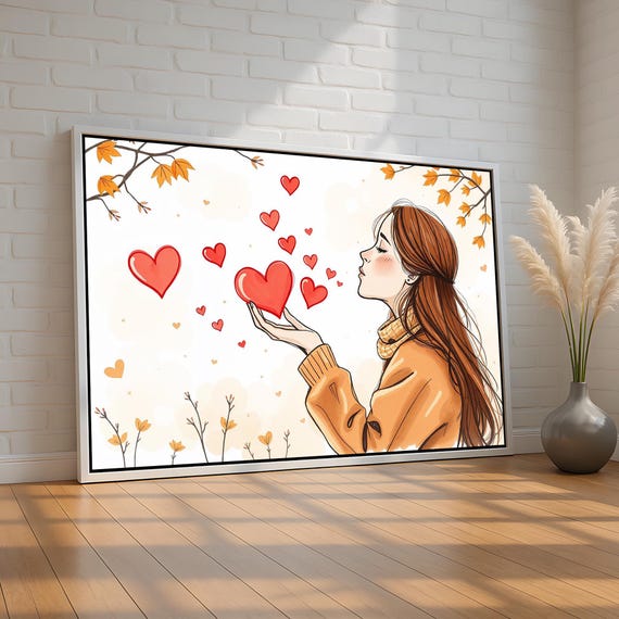 Autumn Girl With Hearts Wall Art Whimsical Fall Illustration Print Cozy Romantic Decor For Women Teens Self Love Gift Ready To Hang