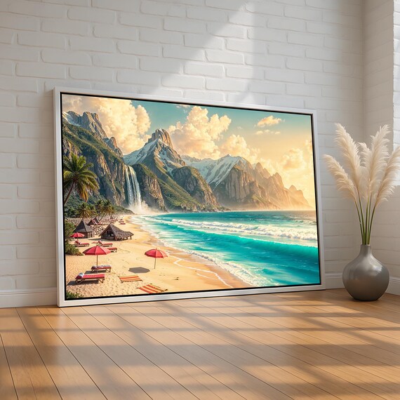 Tropical Beach Waterfall Palm Trees Turquoise Ocean Sunset Landscape Poster