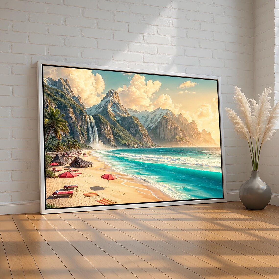 Tropical Beach Waterfall Palm Trees Turquoise Ocean Sunset Landscape Poster
