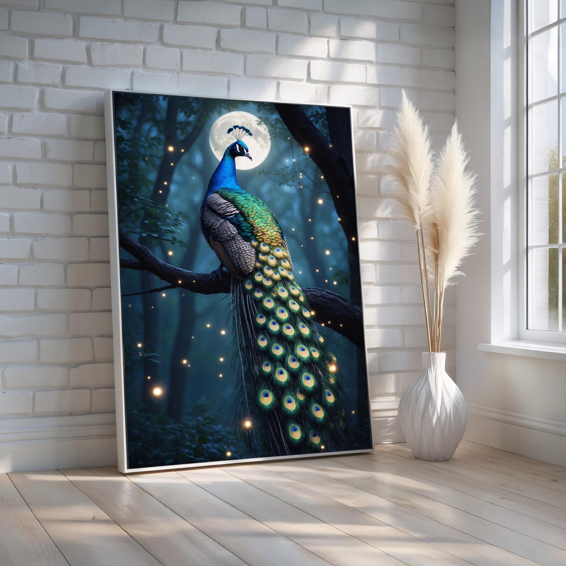 Mystical Peacock Under Full Moon Fantasy Forest Wildlife Art Poster