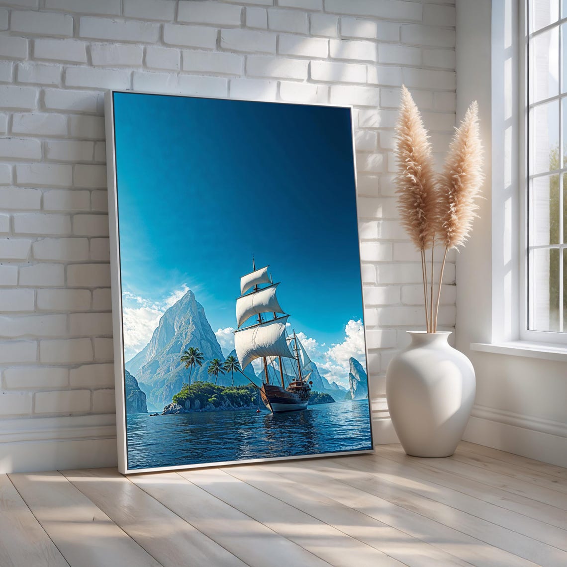 Tall Ship Tropical Island Sails Blue Ocean Adventure Wall Art