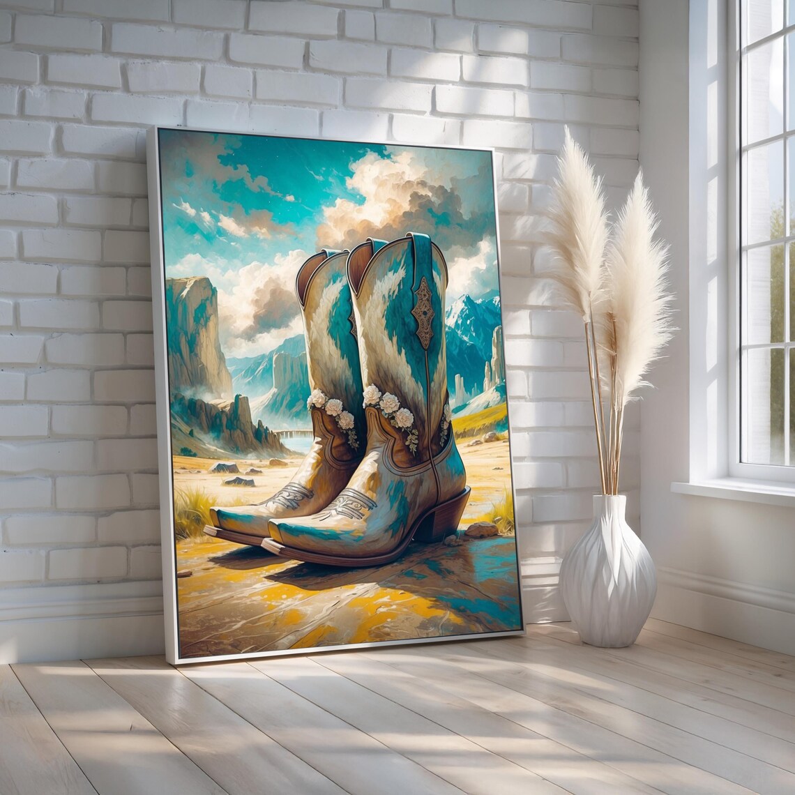 Turquoise Cowboy Boots with Flowers Desert Canyon Painting Poster