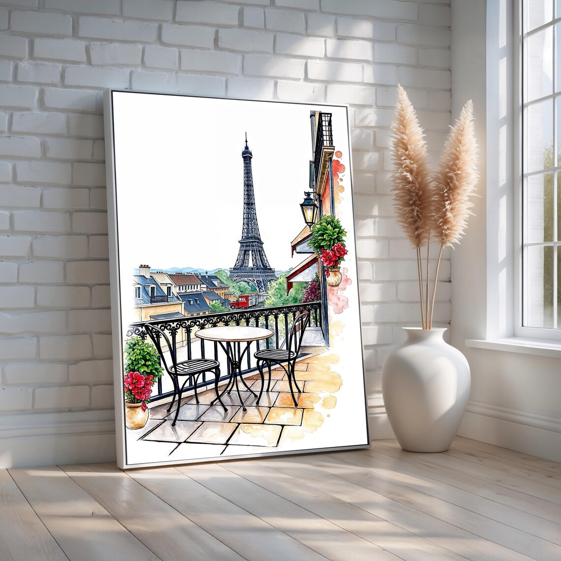 Paris Balcony View Eiffel Tower Watercolor Romantic France Poster