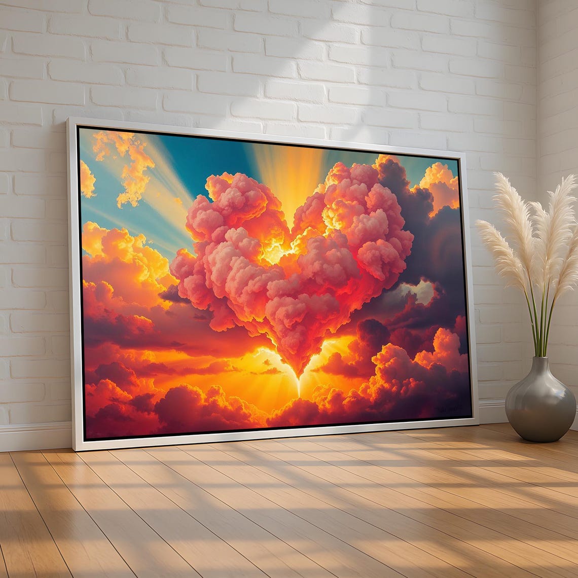 Heart Shaped Cloud Fiery Sunset Sky Romantic Surrealism Art Poster