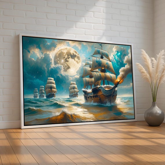 Moonlit Pirate Ship Wall Art Dramatic Ocean Canvas Or Poster Full Moon Fantasy Sailing Scene For Nautical Adventure Decor