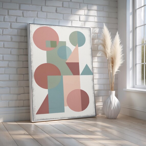 Geometric Abstract Canvas Poster Midcentury Modern Shapes In Soft Pastel Tones Minimalist Wall Art For Home Or Office Ready To Hang