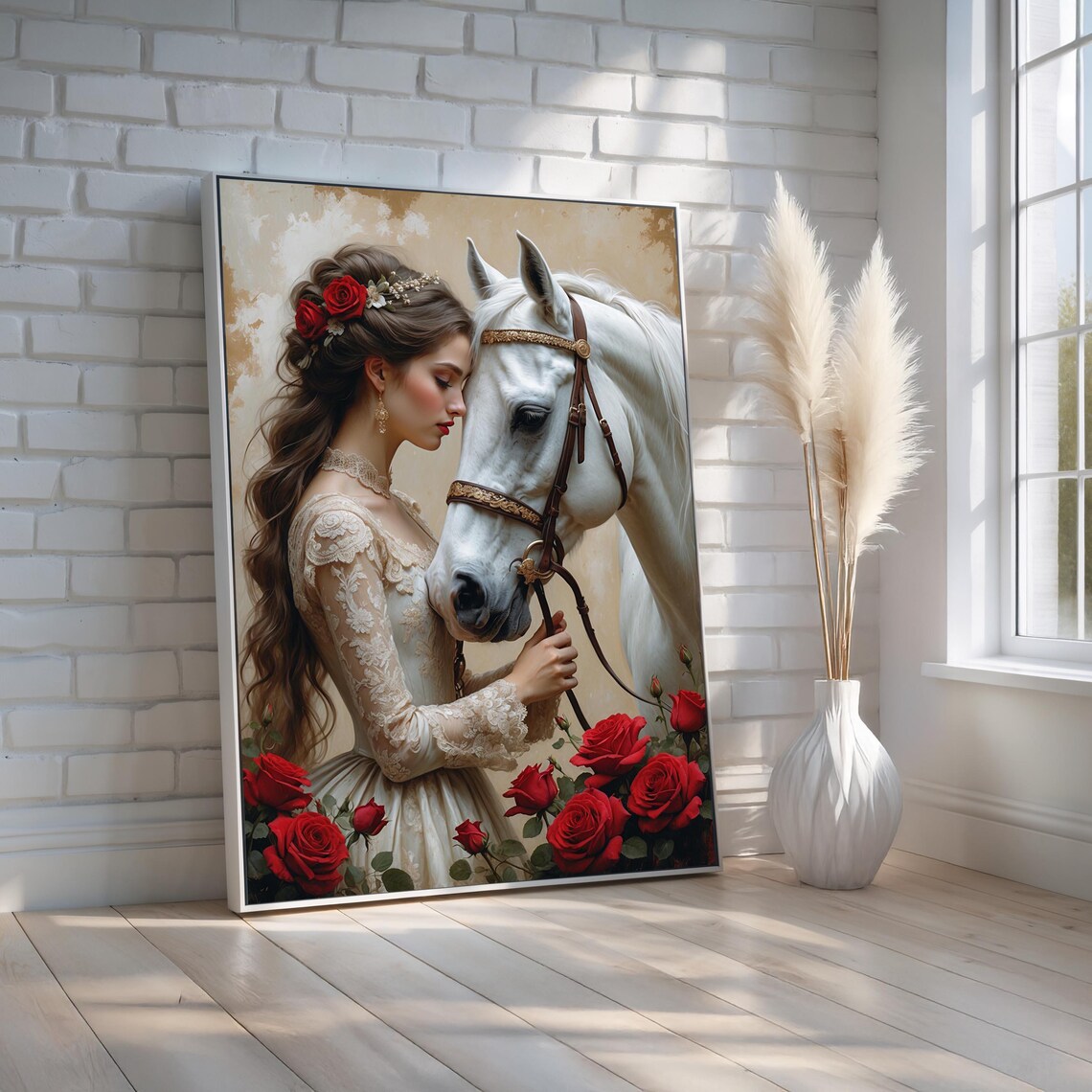 Romantic Woman With White Horse Red Roses Elegant Vintage Poster