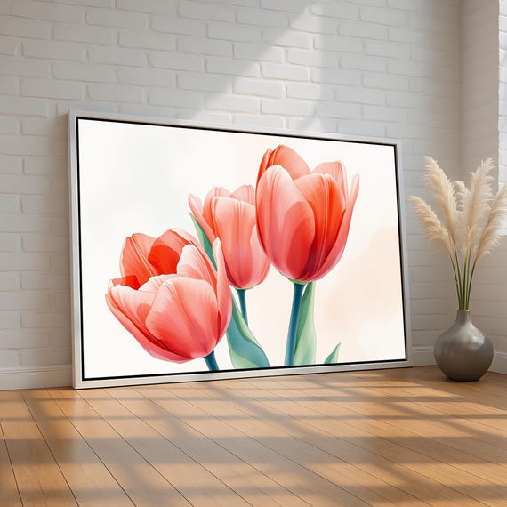 Pink And Red Tulips Canvas Wall Art Elegant Floral Botanical Painting For Bedroom Or Spring Decor Soft Minimalist Flower