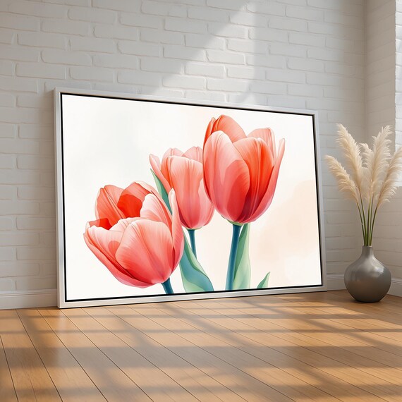 Pink Coral Tulips Minimalist Watercolor Floral Botanical Wall Art