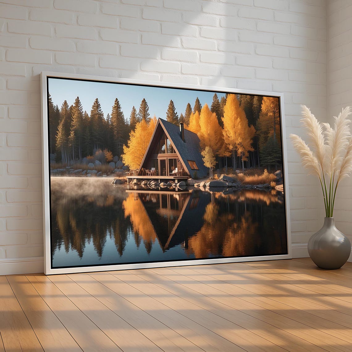 Aframe Cabin By Lake In Autumn Cozy Fall Landscape Wall Art Golden Trees Reflection Canvas Or Poster Rustic Nature Decor