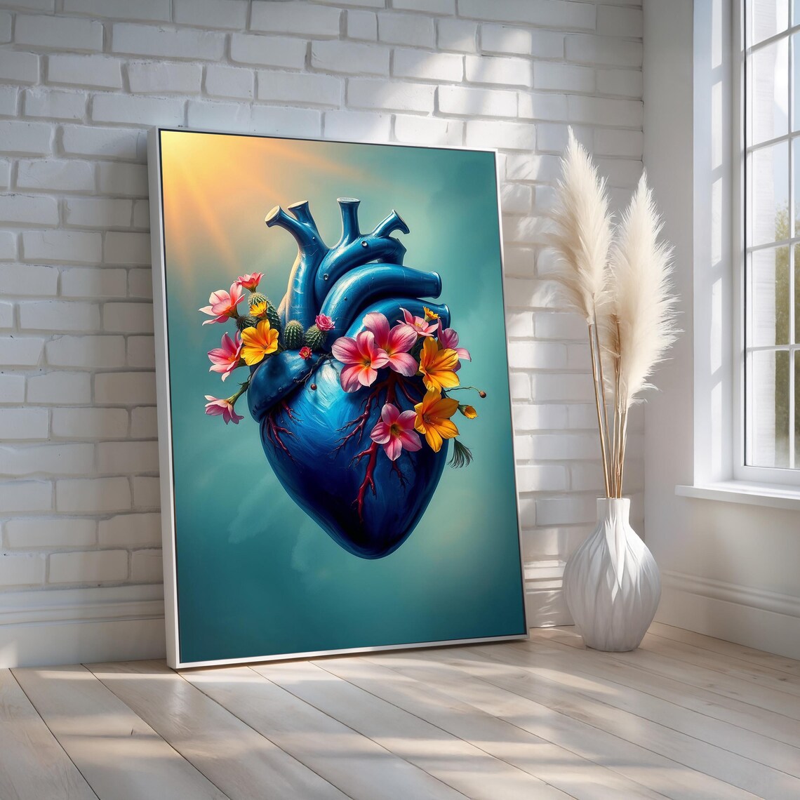 Blue Anatomical Heart with Tropical Flowers Surreal Medical Poster