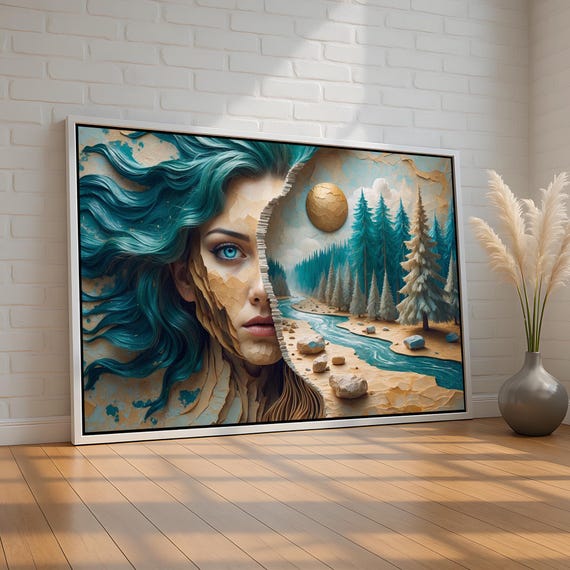 Surreal Woman Portrait Wall Art Fantasy Nature Canvas River And Forest Abstract Poster Mystical Decor For Home Ready To Hang