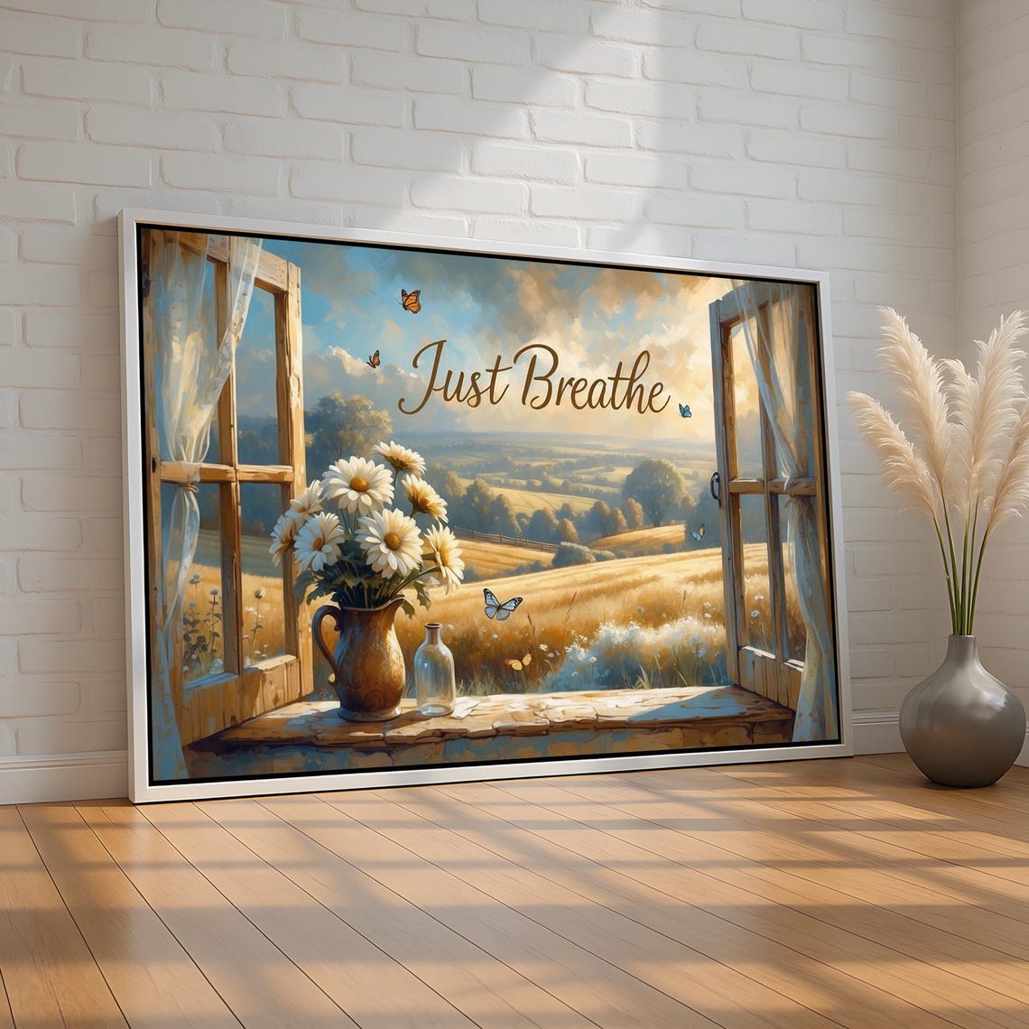 Just Breathe Open Window Daisies Butterflies Golden Field Wall Art