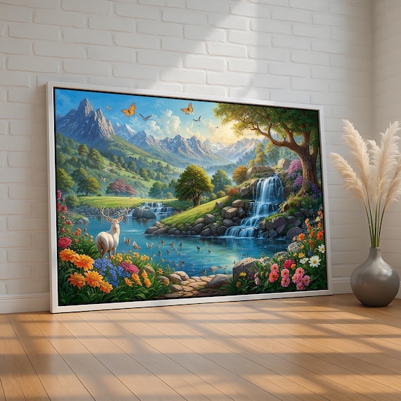 Colorful Deer And Waterfall Landscape Enchanted Nature Canvas Wall Art Vibrant Forest Stream Scene Whimsical Cabin Decor Ready To Hang